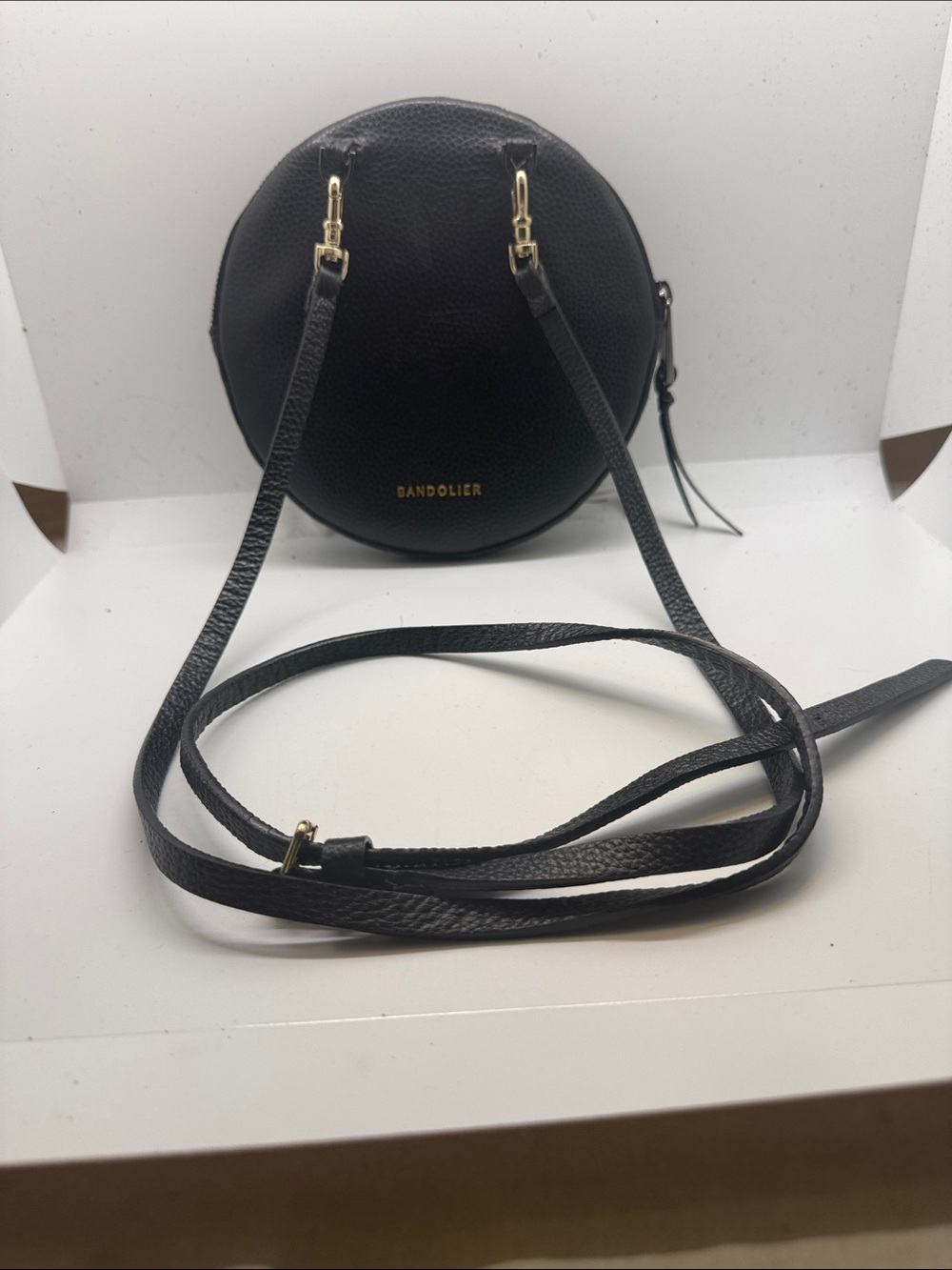Bandolier Black Round Pebbled Crossbody with Gold Hardware
